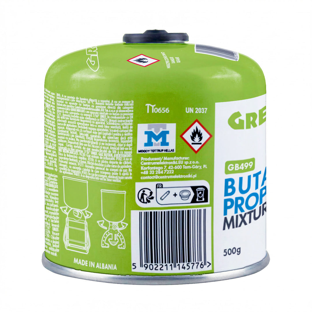 2 cartouches de gaz GreenBlue de 500 g. Certification : Pi 0437, conforme à la norme EN 417, butane-propane, plage de température de -10 °C à +40 °C, raccord fileté 7/16'' GB499