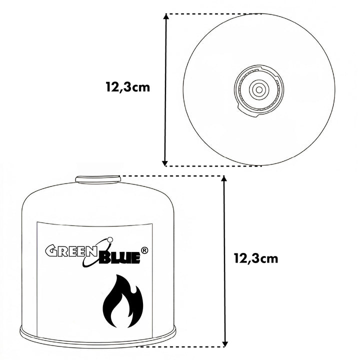 2 cartouches de gaz GreenBlue de 500 g. Certification : Pi 0437, conforme à la norme EN 417, butane-propane, plage de température de -10 °C à +40 °C, raccord fileté 7/16'' GB499