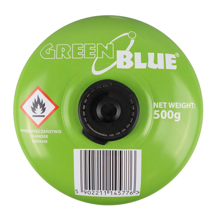 4 cartouches de gaz GreenBlue de 500 g. Certification : Pi 0437, conforme à la norme EN 417, butane-propane, plage de température de -10 °C à +40 °C, raccord fileté 7/16'' GB499