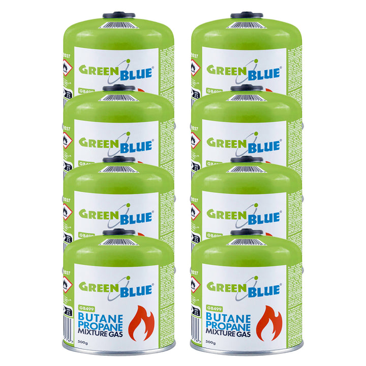 8 cartouches de gaz GreenBlue de 500 g. Certificat : Pi 0437, conforme à la norme EN 417, butane-propane, plage de température de -10 °C à +40 °C, robinet fileté 7/16'' GB499