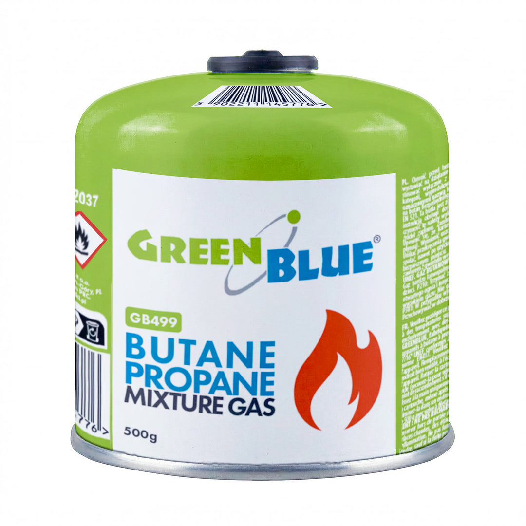 10 cartouches de gaz GreenBlue de 500 g. Certification : Pi 0437, conforme à la norme EN 417, butane-propane, plage de température de -10 °C à +40 °C, raccord fileté 7/16'' GB499