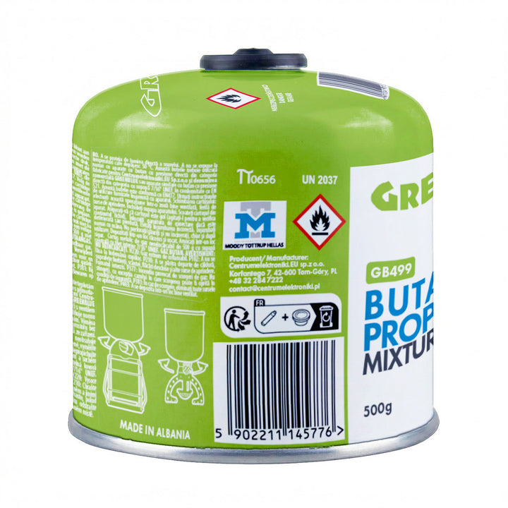 10 cartouches de gaz GreenBlue de 500 g. Certification : Pi 0437, conforme à la norme EN 417, butane-propane, plage de température de -10 °C à +40 °C, raccord fileté 7/16'' GB499