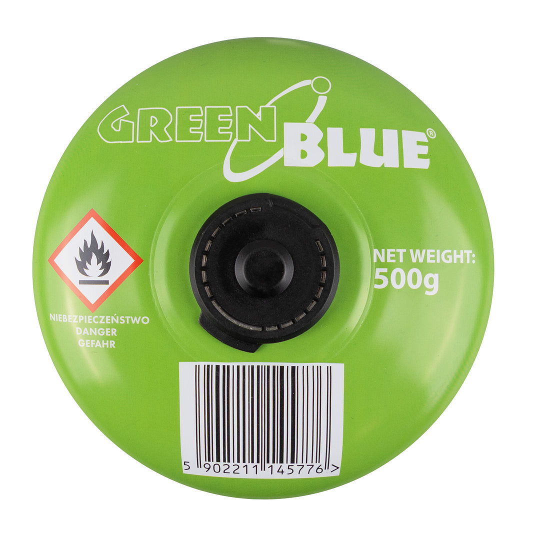 10 cartouches de gaz GreenBlue de 500 g. Certification : Pi 0437, conforme à la norme EN 417, butane-propane, plage de température de -10 °C à +40 °C, raccord fileté 7/16'' GB499