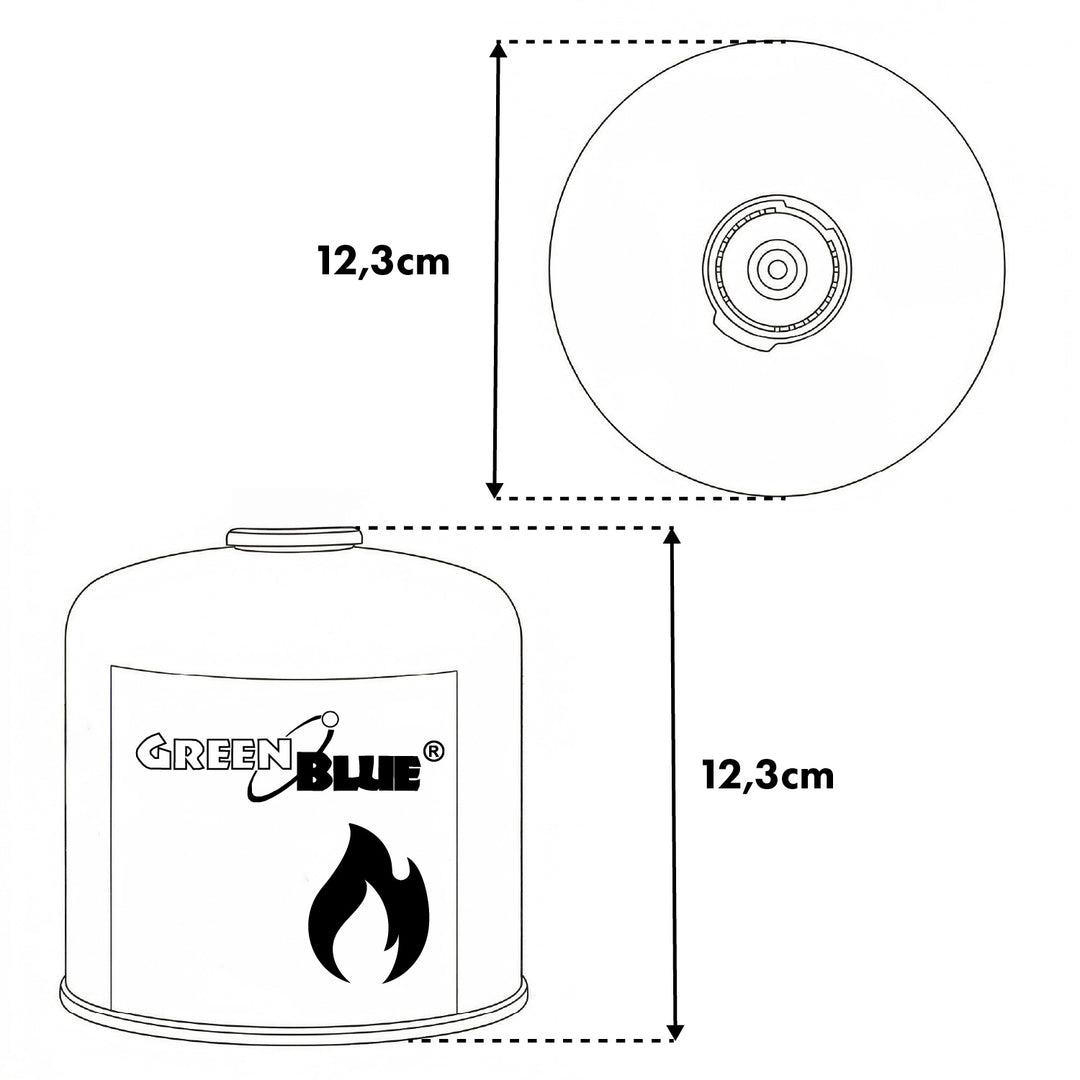 12 cartouches de gaz GreenBlue de 500 g. Certification : Pi 0437, conforme à la norme EN 417, butane-propane, plage de température de -10 °C à +40 °C, valve filetée 7/16'' GB499