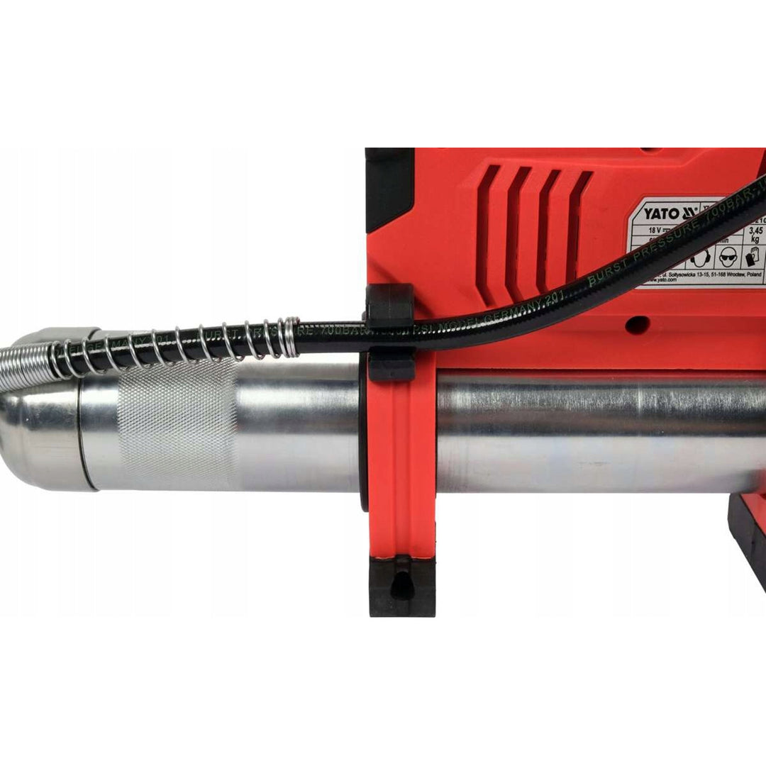 Pistolet à graisse sans fil Yato, livré avec un chargeur et une batterie de 3 Ah, pression de 620 bars, éclairage de travail LED intégré, puissance élevée et débit de 284 g/min, YT-07020