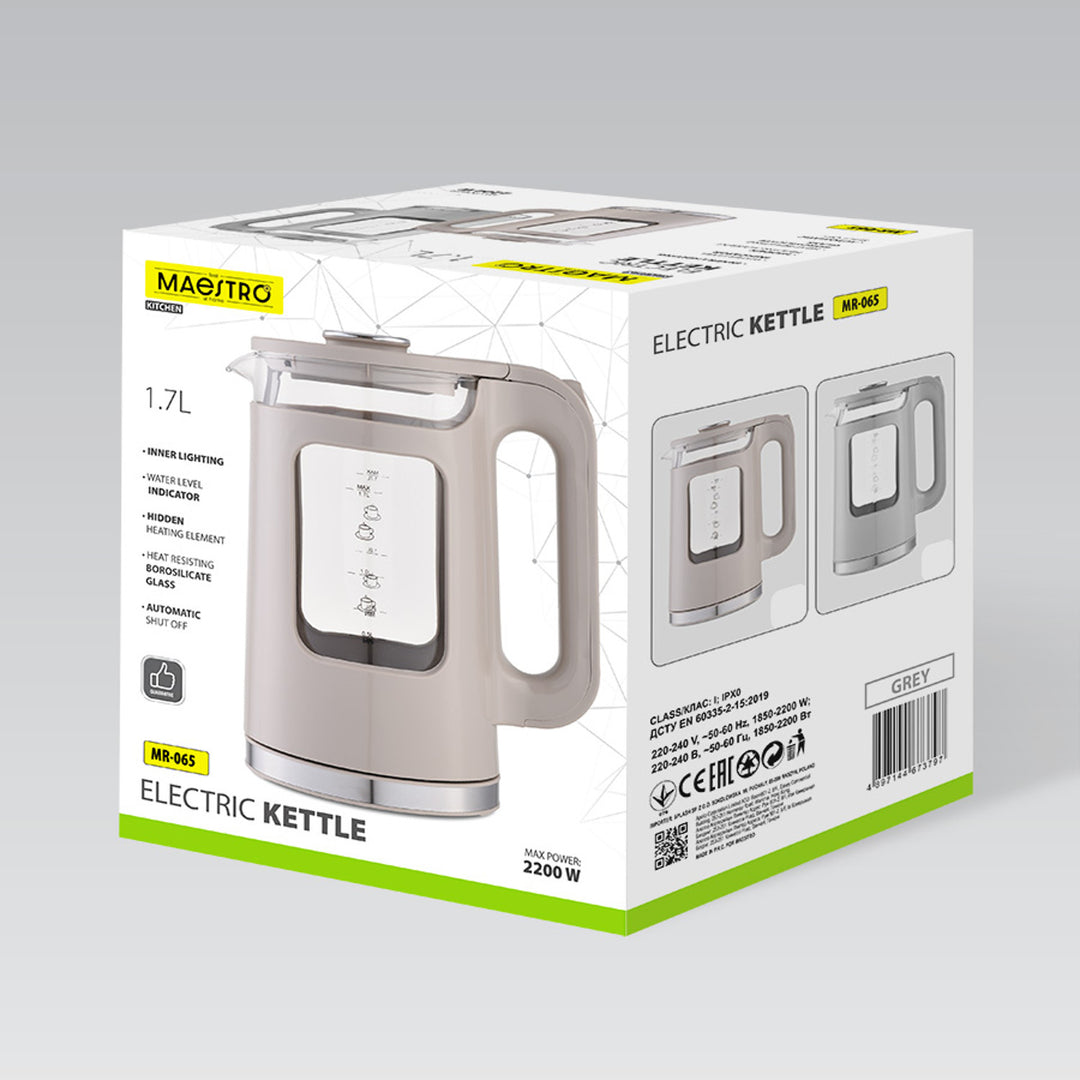 Bouilloire électrique en verre Maestro, capacité 1,7 L, puissance 2200 W, indicateur de niveau d'eau, éclairage LED, socle pivotant, couleur beige, MR-065-BEIGE