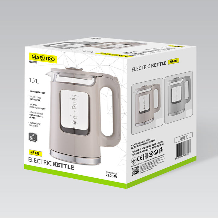 Bouilloire électrique en verre Maestro, capacité 1,7 L, puissance 2200 W, indicateur de niveau d'eau, éclairage LED, socle pivotant, couleur beige, MR-065-BEIGE