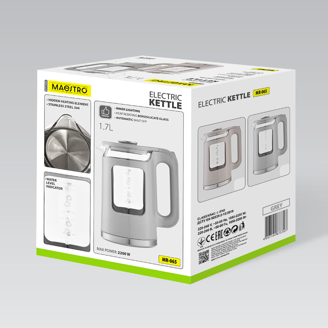 Bouilloire électrique en verre Maestro, capacité 1,7 L, puissance 2200 W, indicateur de niveau d'eau, éclairage LED, socle pivotant, couleur beige, MR-065-BEIGE
