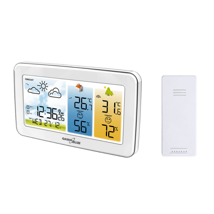 Station météo sans fil GreenBlue, température et humidité (intérieur/extérieur), horloge/réveil/date, °C / °F, portée jusqu'à 60 m, GB442 W
