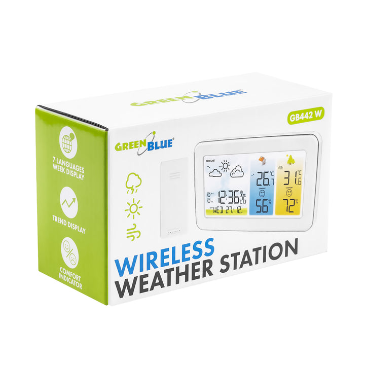Station météo sans fil GreenBlue, température et humidité (intérieur/extérieur), horloge/réveil/date, °C / °F, portée jusqu'à 60 m, GB442 W