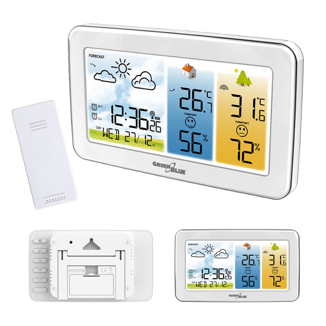 Station météo sans fil GreenBlue, température et humidité (intérieur/extérieur), horloge/réveil/date, °C / °F, portée jusqu'à 60 m, GB442 W
