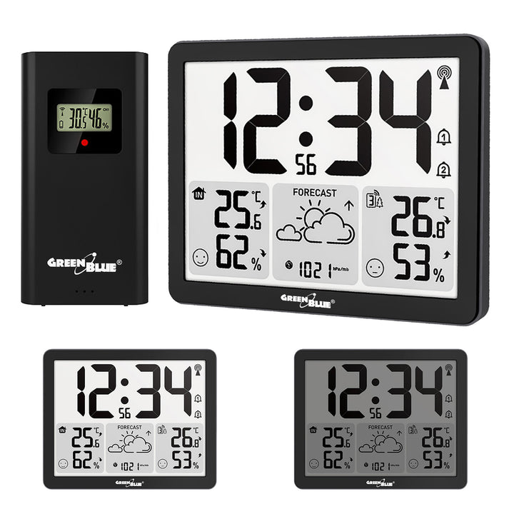 Station météo sans fil GreenBlue, température et humidité (intérieure/extérieure), horloge/alarme/date, °C / °F, portée jusqu'à 60 m, GB443 B