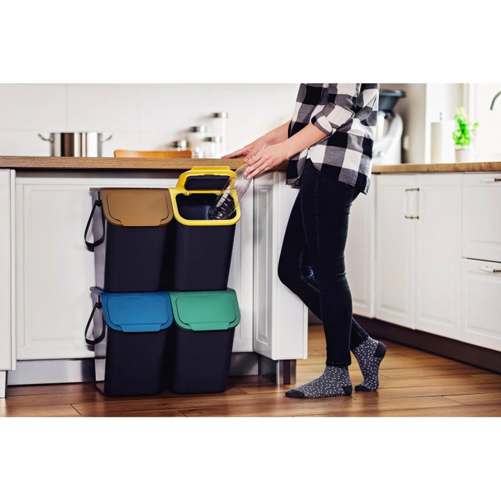 Lot de 4 bacs de tri sélectif BINI noirs avec couvercles colorés (jaune/vert/bleu/marron) + 5 filtres à charbon