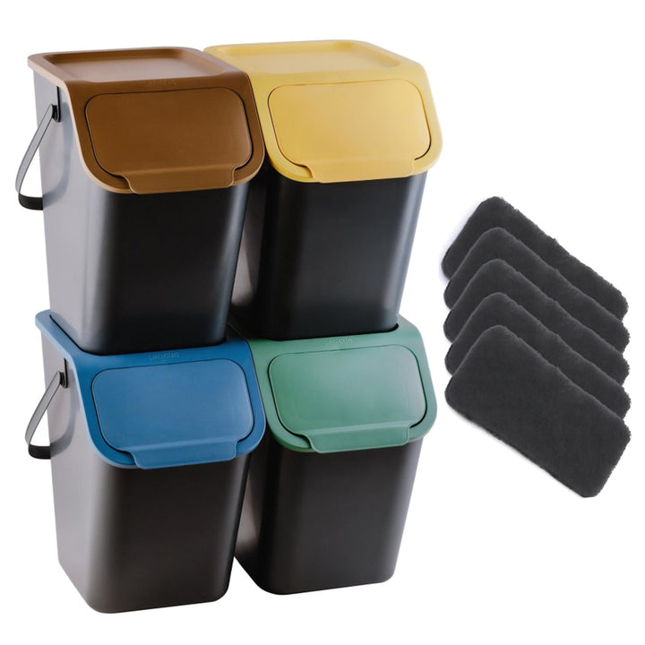 Lot de 4 bacs de tri sélectif BINI noirs avec couvercles colorés (jaune/vert/bleu/marron) + 5 filtres à charbon