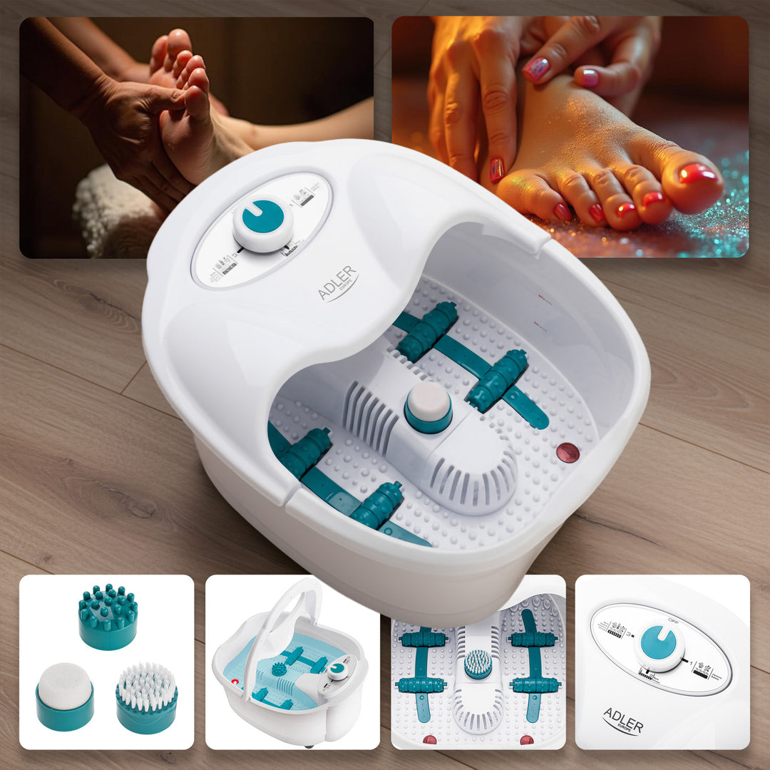 Appareil de massage des pieds Adler, massage à bulles, par vibrations et chauffant, infrarouge, 4 rouleaux + 3 embouts, AD 2167 White