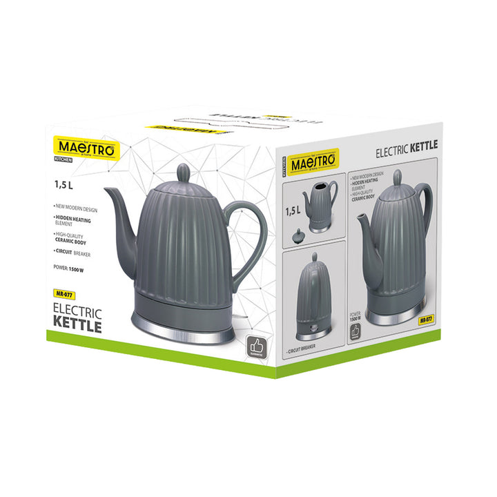 Bouilloire électrique en céramique Maestro, couleur grise, puissance 1 500 W, capacité 1,5 l, socle pivotant, indicateur de niveau d'eau, cordon d'alimentation de 65 cm, MR-077