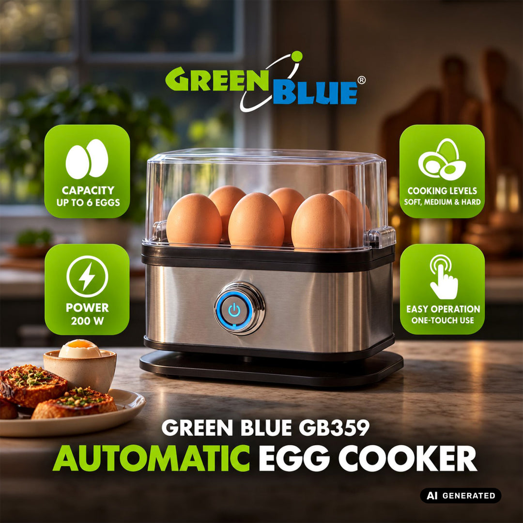 Cuiseur à œufs automatique GreenBlue, puissance 200 W, jusqu'à 6 œufs, mesureur, 220-240 V~, 50/60 Hz, GB359