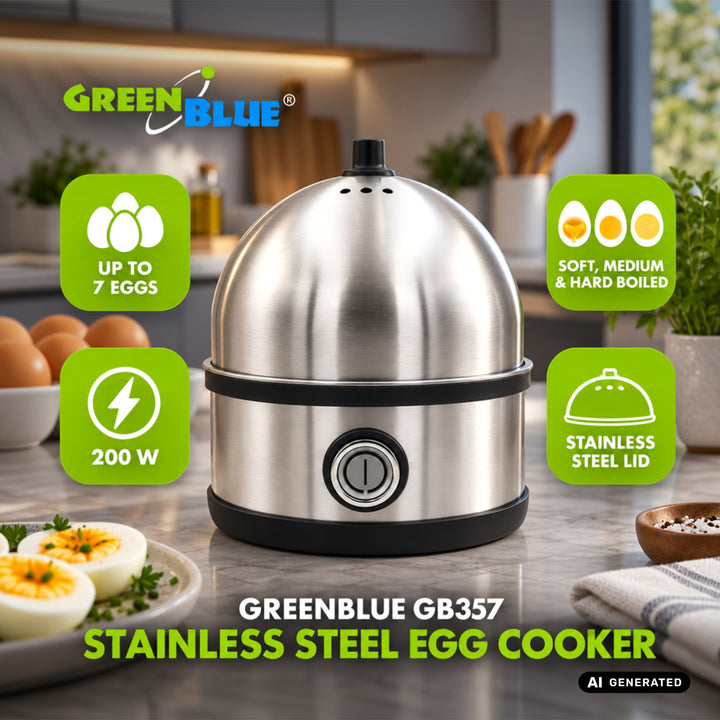 Cuiseur à œufs en acier inoxydable GreenBlue, puissance 200 W, jusqu'à 7 œufs, mesureur, 220-240 V~, 50/60 Hz, GB357