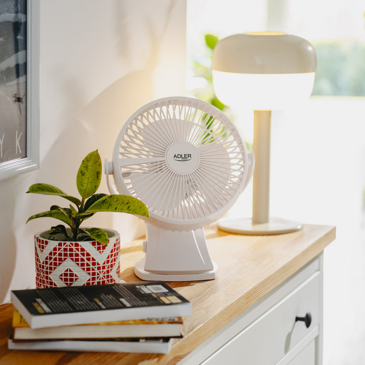 Ventilateur de bureau à pince, rechargeable, 15,5 cm, rotation à 360°, USB-C, Adler