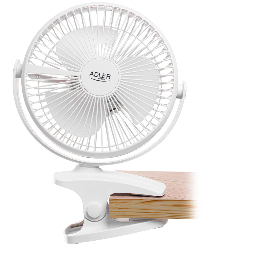 Ventilateur de bureau à pince, rechargeable, 15,5 cm, rotation à 360°, USB-C, Adler