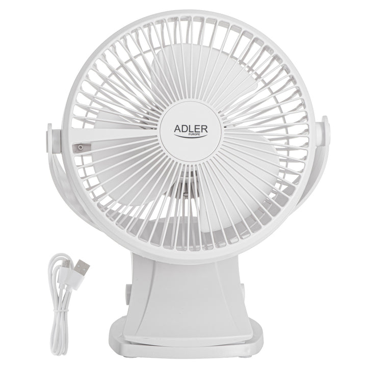 Ventilateur de bureau à pince, rechargeable, 15,5 cm, rotation à 360°, USB-C, Adler