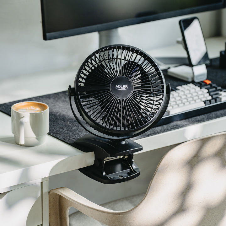 Ventilateur de bureau à pince, rechargeable, 15,5 cm, rotation à 360°, USB-C, Adler