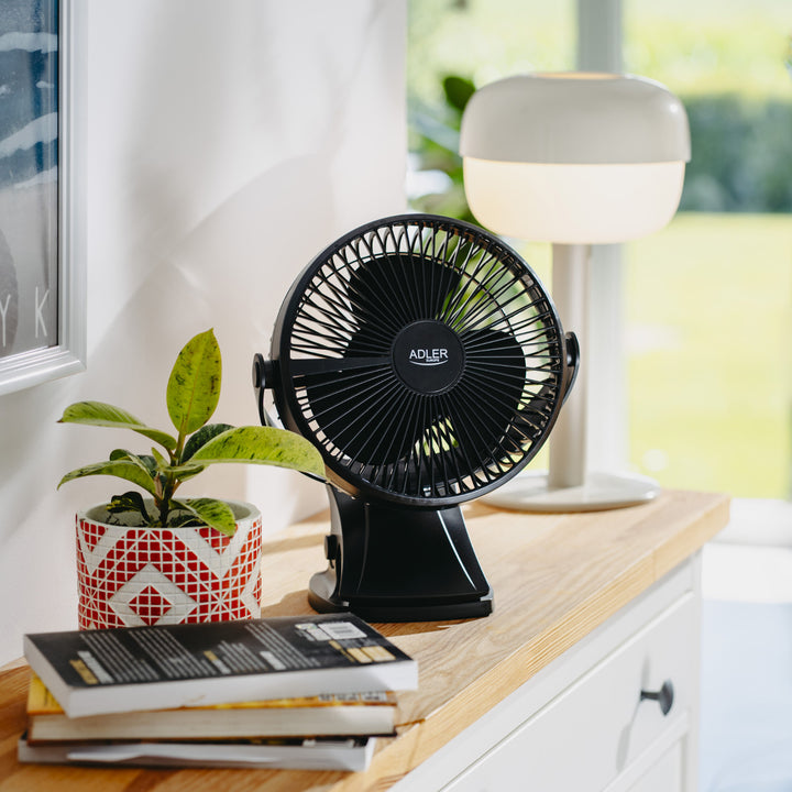 Ventilateur de bureau à pince, rechargeable, 15,5 cm, rotation à 360°, USB-C, Adler