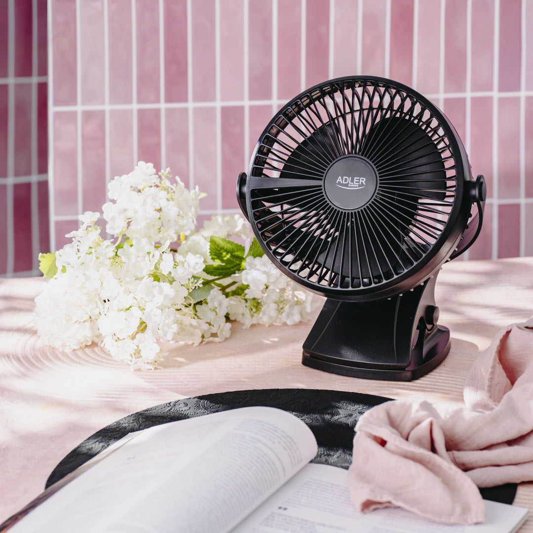 Ventilateur de bureau à pince, rechargeable, 15,5 cm, rotation à 360°, USB-C, Adler
