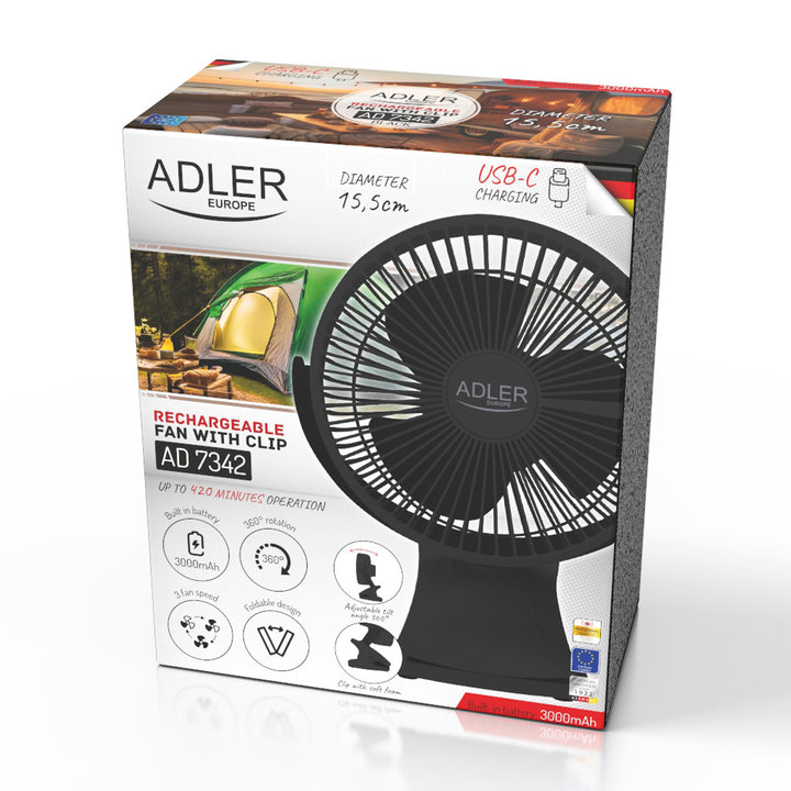 Ventilateur de bureau à pince, rechargeable, 15,5 cm, rotation à 360°, USB-C, Adler