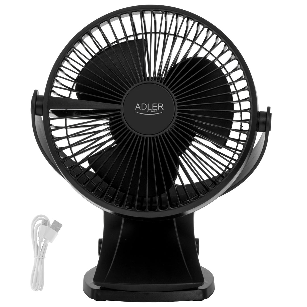 Ventilateur de bureau à pince, rechargeable, 15,5 cm, rotation à 360°, USB-C, Adler