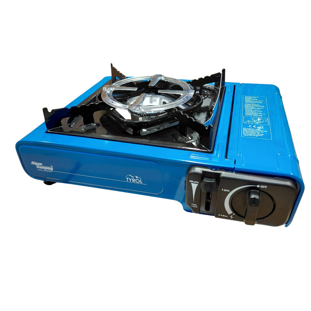 Réchaud de camping Alpen Camping, puissance : 2,0 kW, consommation de gaz : 146 g/h, allumage piézoélectrique, TYROL+ 4 cartouches de gaz de 227 g GreenBlue. Certification : Pi 0875, conforme à la norme EN 417