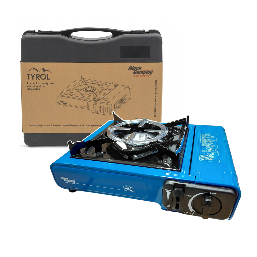 Réchaud de camping Alpen Camping, puissance : 2,0 kW, consommation de gaz : 146 g/h, allumage piézoélectrique, TYROL+ 4 cartouches de gaz de 227 g GreenBlue. Certification : Pi 0875, conforme à la norme EN 417
