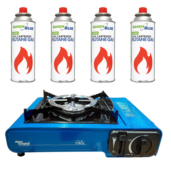 Réchaud de camping Alpen Camping, puissance : 2,0 kW, consommation de gaz : 146 g/h, allumage piézoélectrique, TYROL+ 4 cartouches de gaz de 227 g GreenBlue. Certification : Pi 0875, conforme à la norme EN 417
