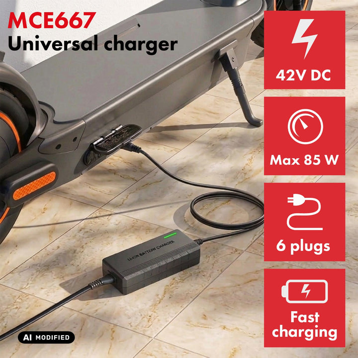 Chargeur universel / Bloc d'alimentation Maclean Energy, pour trottinettes électriques, 42 V CC, 2 A, 85 W max., recharge rapide, 6 fiches, MCE667