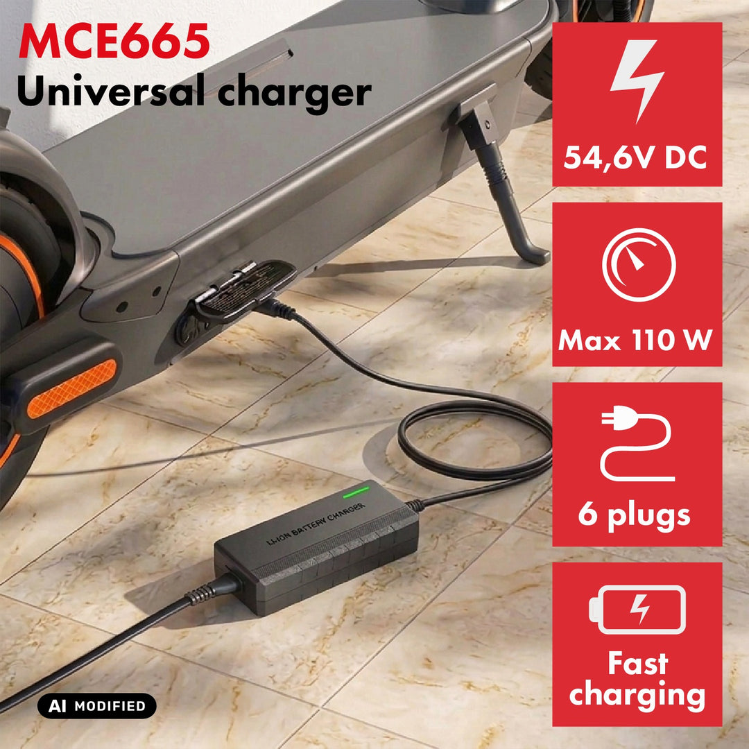 Chargeur universel / Bloc d'alimentation Maclean Energy, pour trottinettes électriques, 54,6 V CC, 2 A, 110 W max., recharge rapide, 6 fiches, MCE665