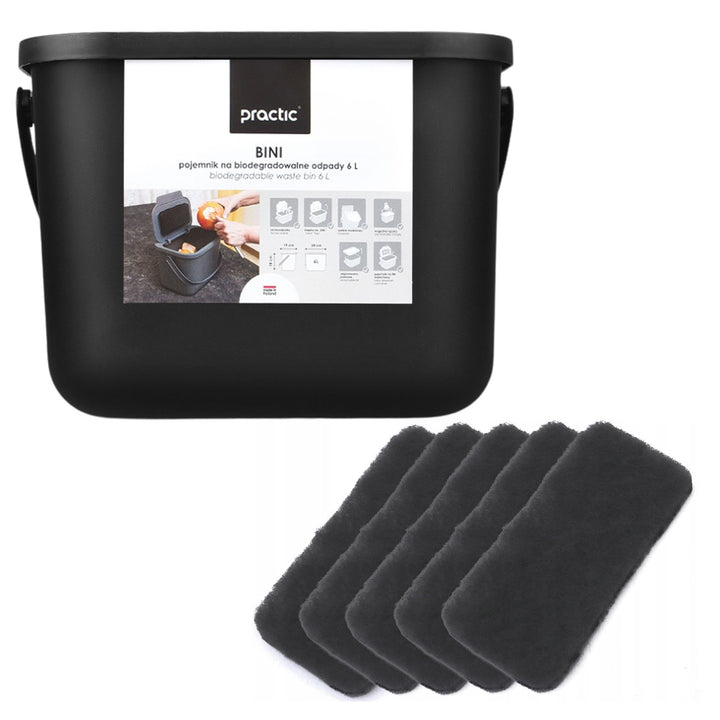 Poubelle pour déchets organiques 6 l noire Bini Practic + 5 filtres à charbon Practic