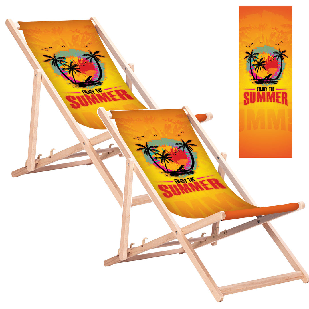 Chaise longue classique en hêtre GreenBlue GB183, motif « Enjoy The Summer », lot de 2