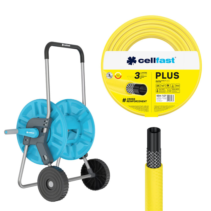 Chariot pour tuyau Cellfast Aluplus 1/2" 60 m + tuyau d'arrosage Cellfast Plus 1/2" 50 m