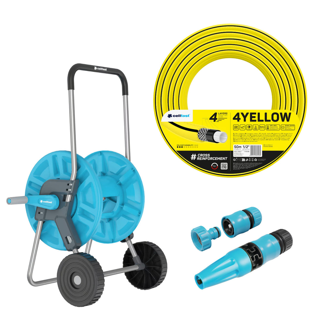 Chariot pour tuyau Cellfast Aluplus 1/2" 60 m + tuyau d'arrosage Cellfast 4YELLOW 1/2" 50 m + kit avec arroseur droit Cellfast Basic 1/2"