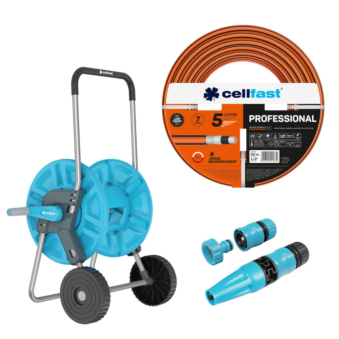 Chariot pour tuyau Cellfast Aluplus 1/2" 60 m + Tuyau d'arrosage Cellfast PROFESSIONAL 1/2" 20 m + Kit avec arroseur droit Cellfast Basic 1/2"