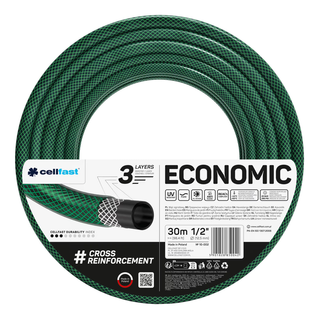 Tuyau d'arrosage Cellfast Economic 1/2" 30 m + support pour tuyau Cellfast gris + kit avec arroseur droit Cellfast Basic 1/2"