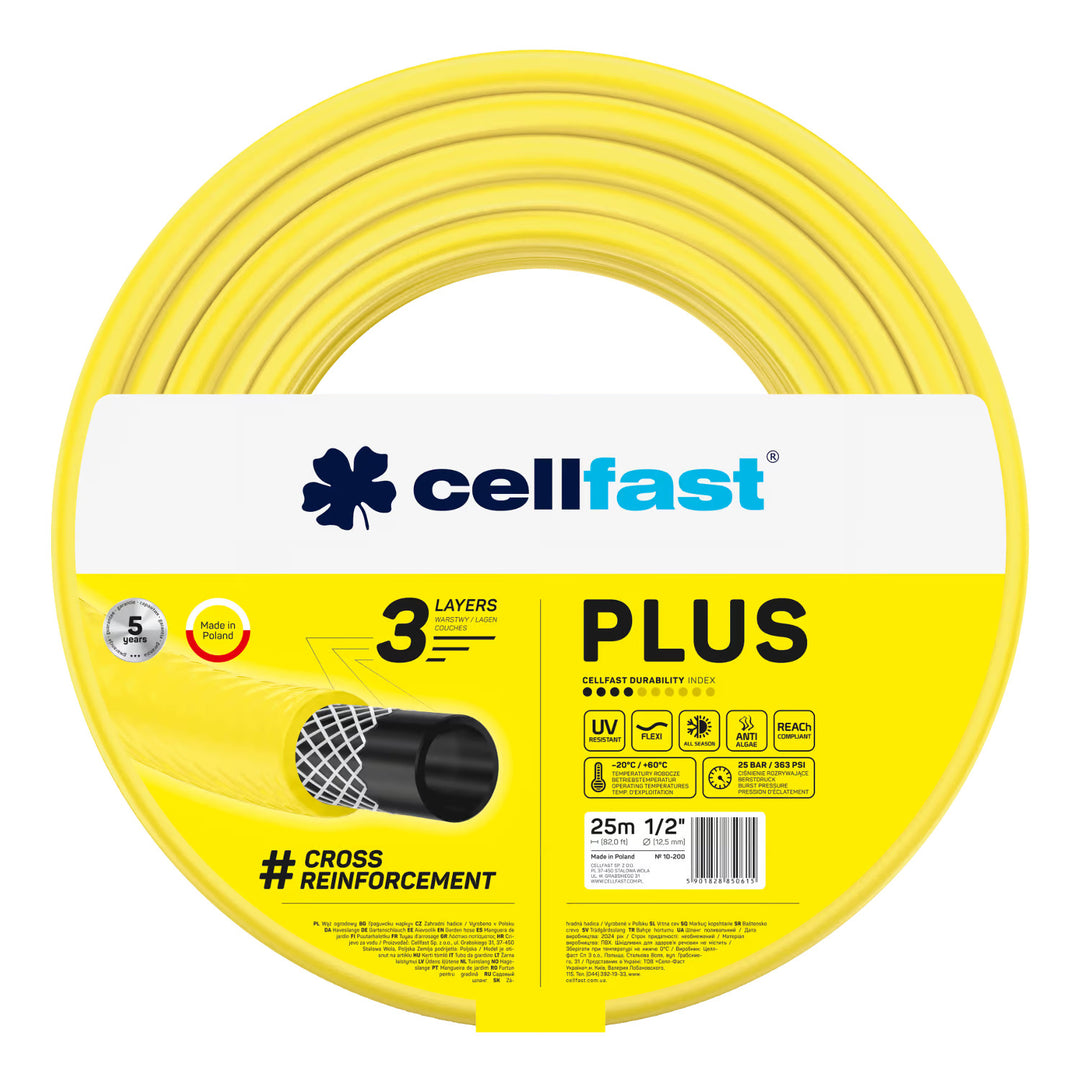 Tuyau d'arrosage Cellfast Plus 1/2" 25 m + support pour tuyau Cellfast gris + kit avec arroseur droit Cellfast Basic 1/2"