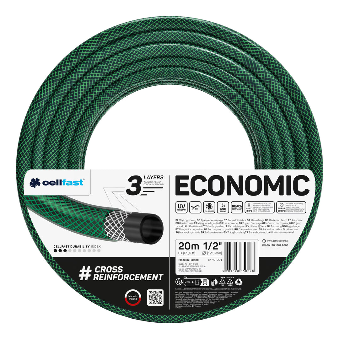 Tuyau d'arrosage Cellfast Economic 1/2" 20 m + support pour tuyau Cellfast gris + kit avec arroseur droit Cellfast Basic 1/2"