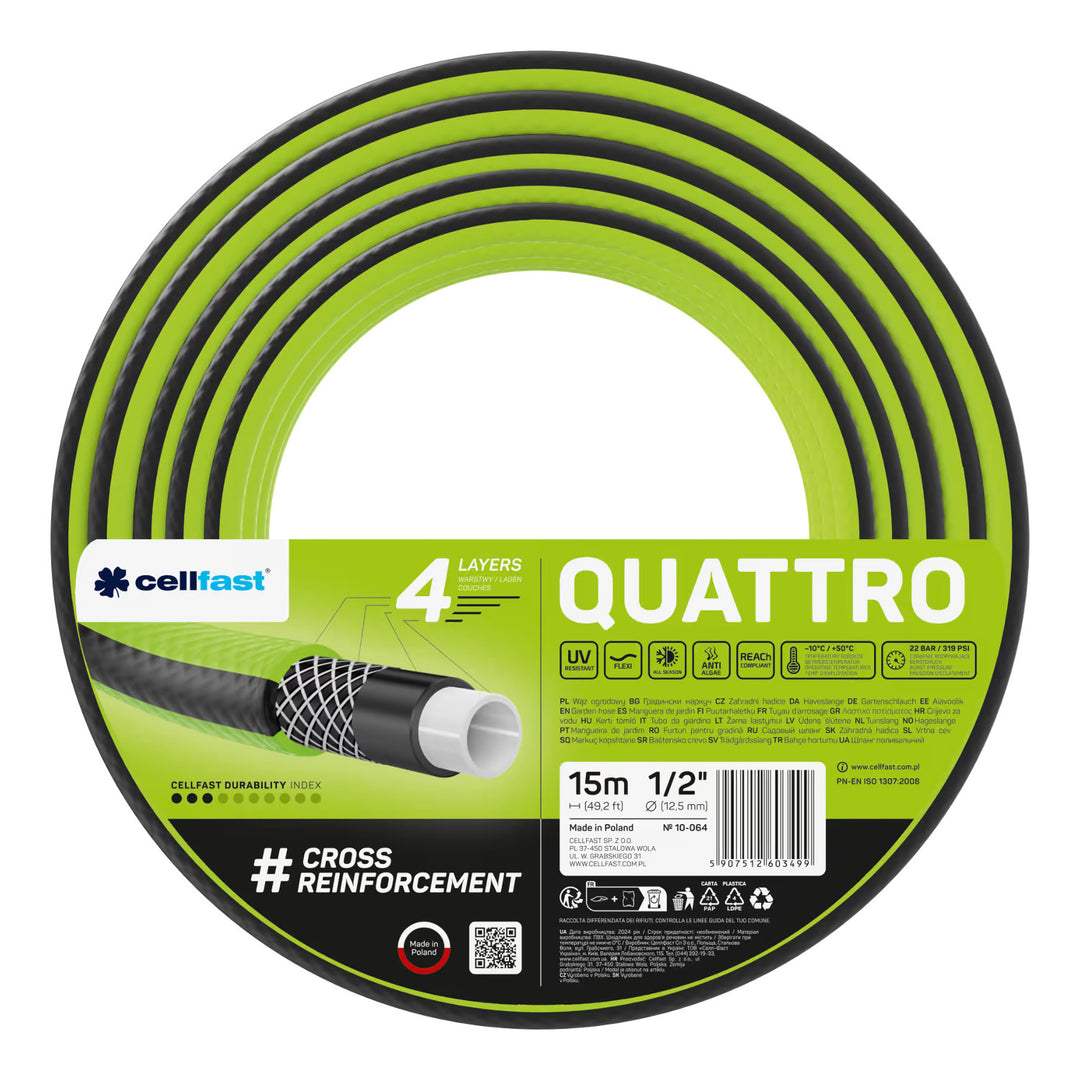 Tuyau d'arrosage Cellfast Quattro 1/2" 15 m + support pour tuyau Cellfast gris + kit avec arroseur droit Cellfast Basic 1/2"
