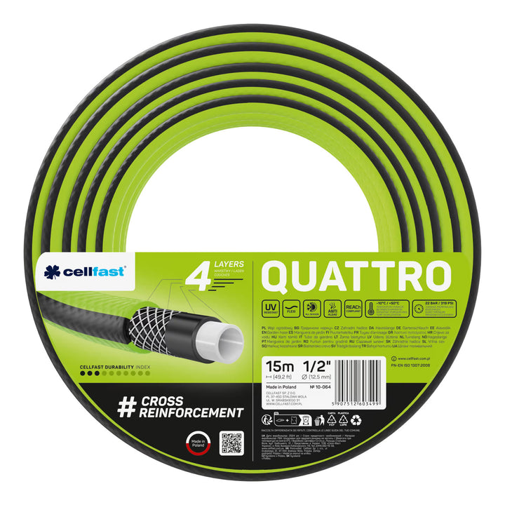 Tuyau d'arrosage Cellfast Quattro 1/2" 15 m + support pour tuyau Cellfast gris + kit avec arroseur droit Cellfast Basic 1/2"