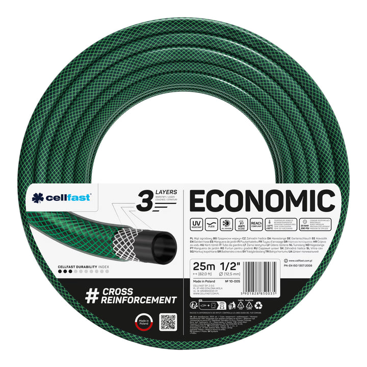 Tuyau d'arrosage Cellfast Economic 1/2" 50 m + support pour tuyau Cellfast gris + kit avec arroseur droit Cellfast Basic 1/2"