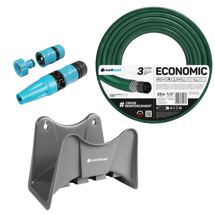 Tuyau d'arrosage Cellfast Economic 1/2" 50 m + support pour tuyau Cellfast gris + kit avec arroseur droit Cellfast Basic 1/2"