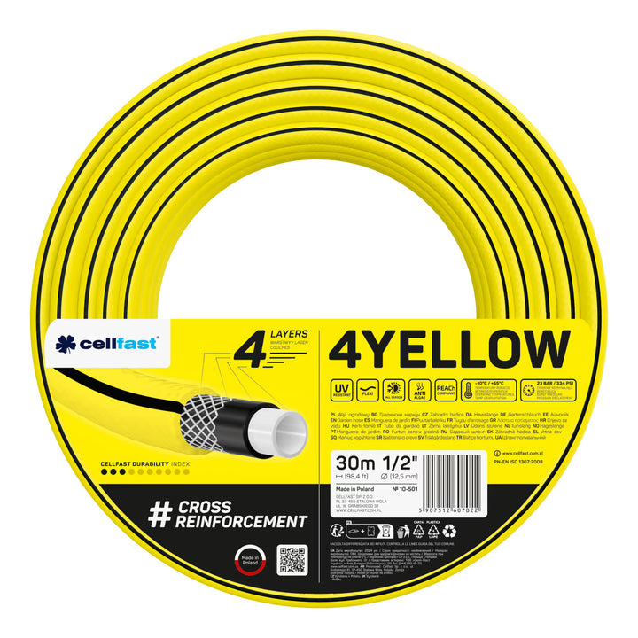 Tuyau d'arrosage Cellfast 4YELLOW 1/2" 30 m + support pour tuyau Cellfast gris + kit avec arroseur droit Cellfast Basic 1/2"