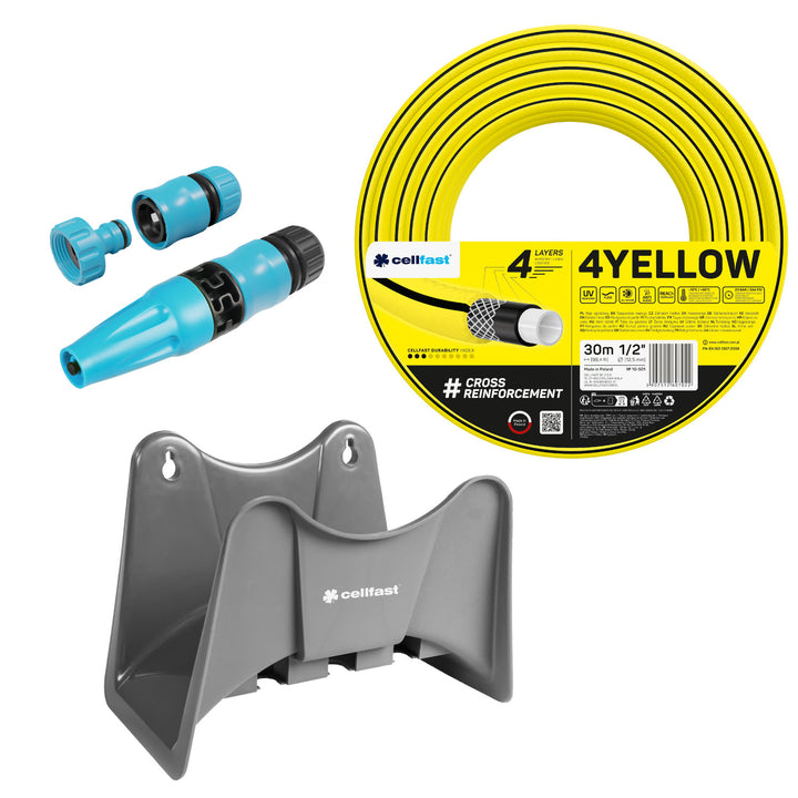 Tuyau d'arrosage Cellfast 4YELLOW 1/2" 30 m + support pour tuyau Cellfast gris + kit avec arroseur droit Cellfast Basic 1/2"