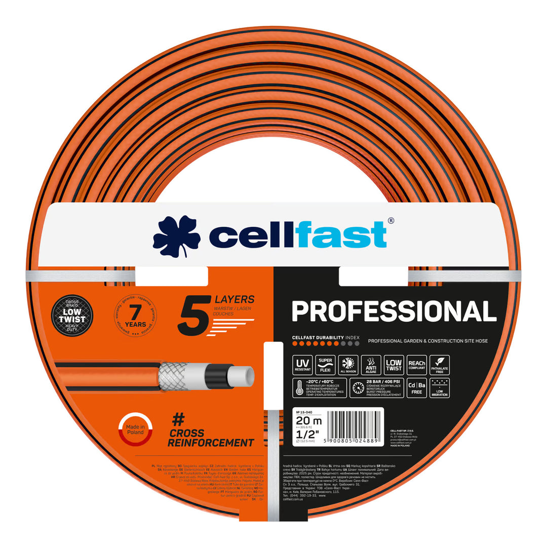 Tuyau d'arrosage Cellfast, PROFESSIONAL 1/2" 20 m + support pour tuyau Cellfast gris + kit avec arroseur droit Cellfast Basic 1/2"